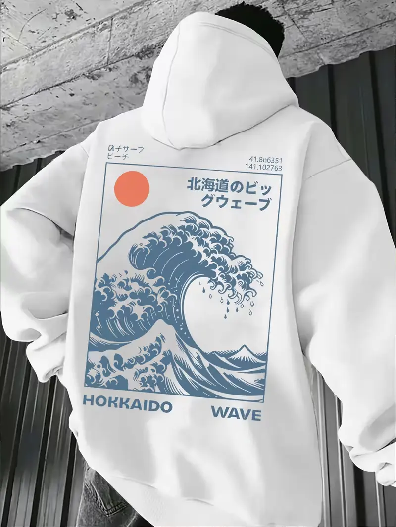 Women's Unisex Printed Ocean-Inspired Hokkaido Wave Hoodie - Vintage Ukiyo-e Japan Aesthetic, Front & Back Prints, Minimalist Casual Pullover Tops
