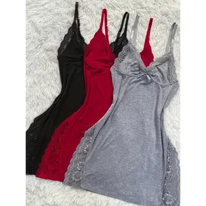 Women's Solid Lace Nightdress, Lace Panels, Skirt Side Slits, Sexy Lace Home Nightdress  Summer Lace Patchwork Sexy Slip Mini Dress Women Sleepwear Side Slit Contrast Ruffle Hem Night Dress Nightgowns Pajamas