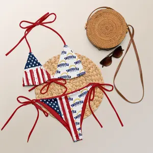 Twisted Tea American Flag Triangle Beach Bikini Set – Palm Tree Print Two-Piece Swimsuit for Women – Summer Beachwear with Tropical Vibes – Trendy Beer Lover Swimwear
