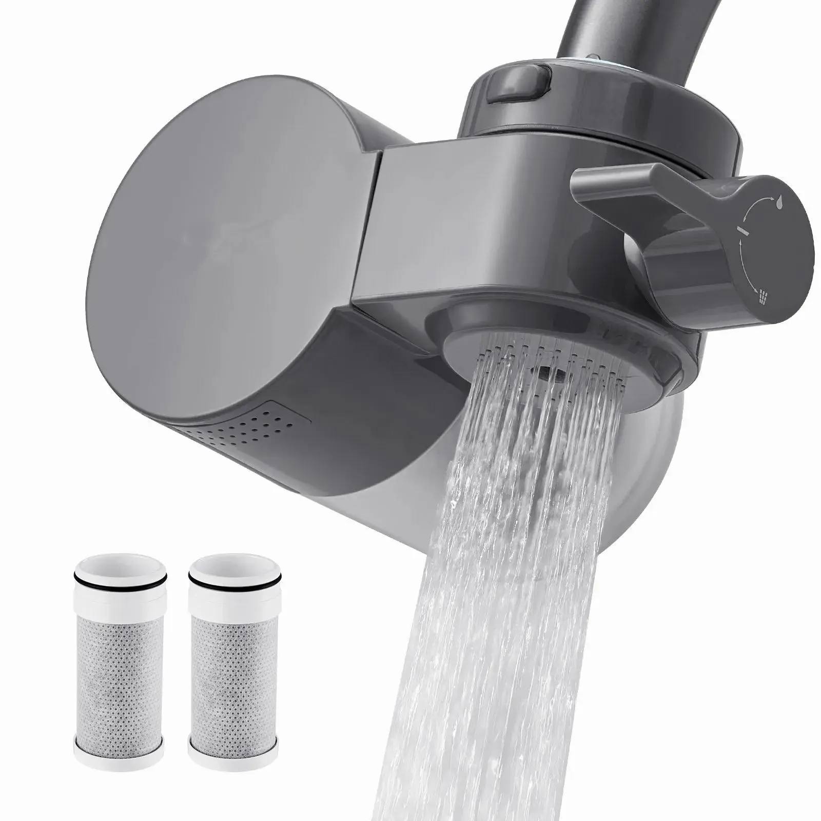 Gray Faucet Mount Water Purifier, Horizontal Sink Tap Accessory with Carbon Fiber Media, Chlorine & Lead Remover, 3 Replacement Cartridges Included, Fits Most Kitchen/Bathroom Faucets