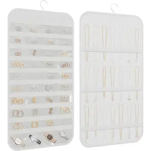 Double-Sided Hanging Jewelry Organizer - 40 Pockets & 36 Hooks for Necklaces, Earrings Boxes White