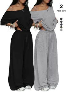 Relaxed Off-Shoulder 2 Piece Set, Oversized Top and Wide Leg Pants for Daily, Streetwear, Comfortable Loungewear