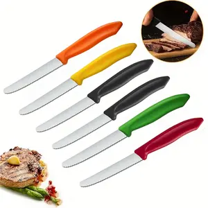 6-Piece Stainless Steel Knife Set, Colorful Handles, Ribbed Cut Edge, Steak Knives, Tomato & Bread Knives, Dishwasher Safe, Perfect for Christmas Gifts