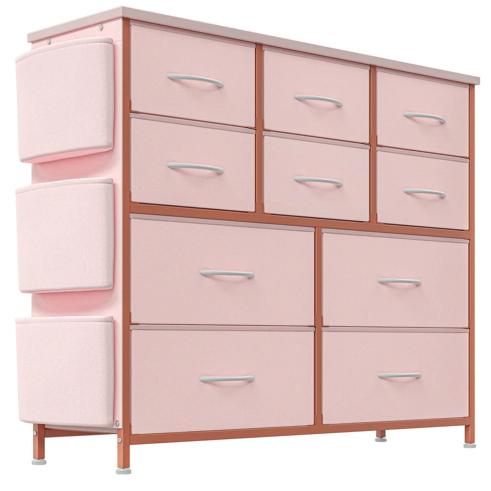 Pink 10-Drawer Wood Cabinet Chest - Multi-Drawer Large Organizer Storage Compartments Cabinet with Fabric Pocket Slots, Sturdy Metal Base, Water-Resistant Lid, Hooks, Anti-Tip Safety Feature, Easy Assembly, Multi-Drawer Cabinets