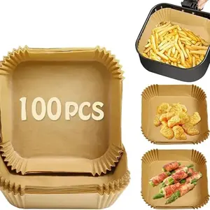 100PCS Air Fryer Paper Liners, unbleached and biodegradable material, disposable non-stick parchment paper for frying, baking, roasting and grilling.