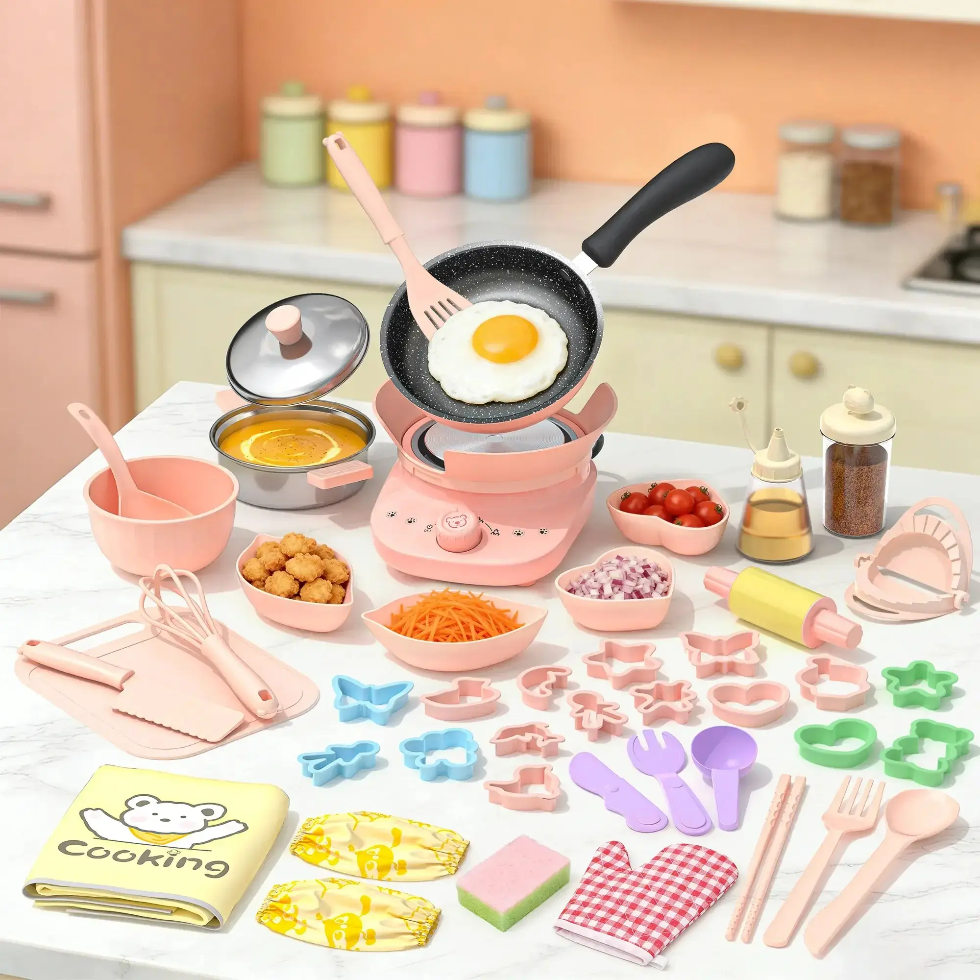 Stainless Steel Mini Kids Cooking Set, Pretend Play Kitchen Toy with Working Stove, Educational Toddler Gifts for Boys & Girls, Cool Kids Cooking Gifts for Birthday Indoor Use