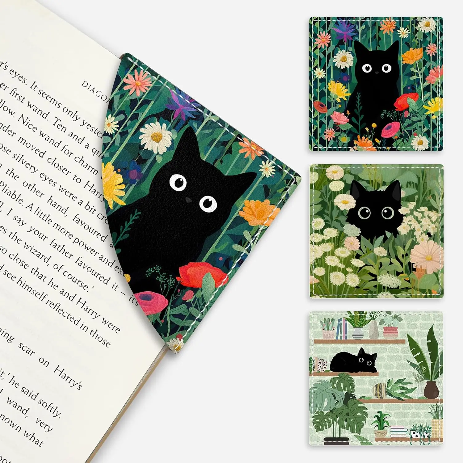 Women's Cute Black Cat Floral Design Leather Page Markers - 3-Piece Funny Reading Accessories, Ideal Gifts for Book Lovers, Corner Page Markers