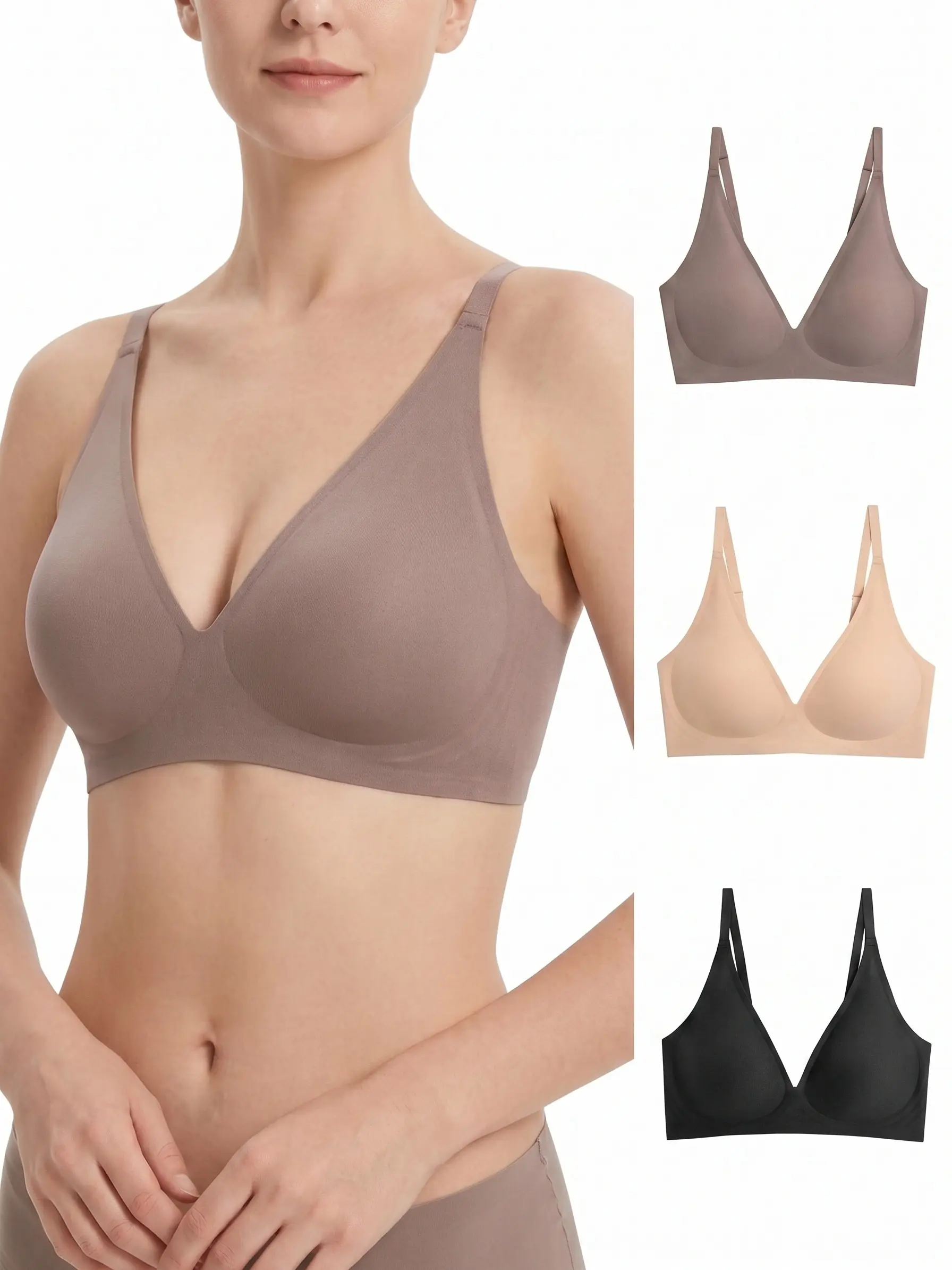 Bra for Women, Basic Minimalist Plain Jelly Feel Wireless Deep V Neck Comfort Bra, Lightweight Silky Soft All-Day Gentle Support Casual Daily Everyday Wear Bralette Bra