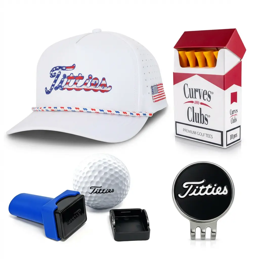 Curves & Clubs Titties Golf Bundle (4-in-1 Set) – White USA Titties, C&C Tees, Titties Stamps, and Black Titties Ball Marker - Funny Golf Gift Pack