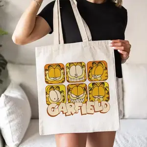 PIKPAKA Cute G-Garfield Cat  Storage Bags Canvas Double-Sided Print Tote Bag Large Capacity Shoulder Students Festive Fashion Eco Outdoor Picnic Travel High Quality Shopping Handbag Machine Washable Foldable Reusable