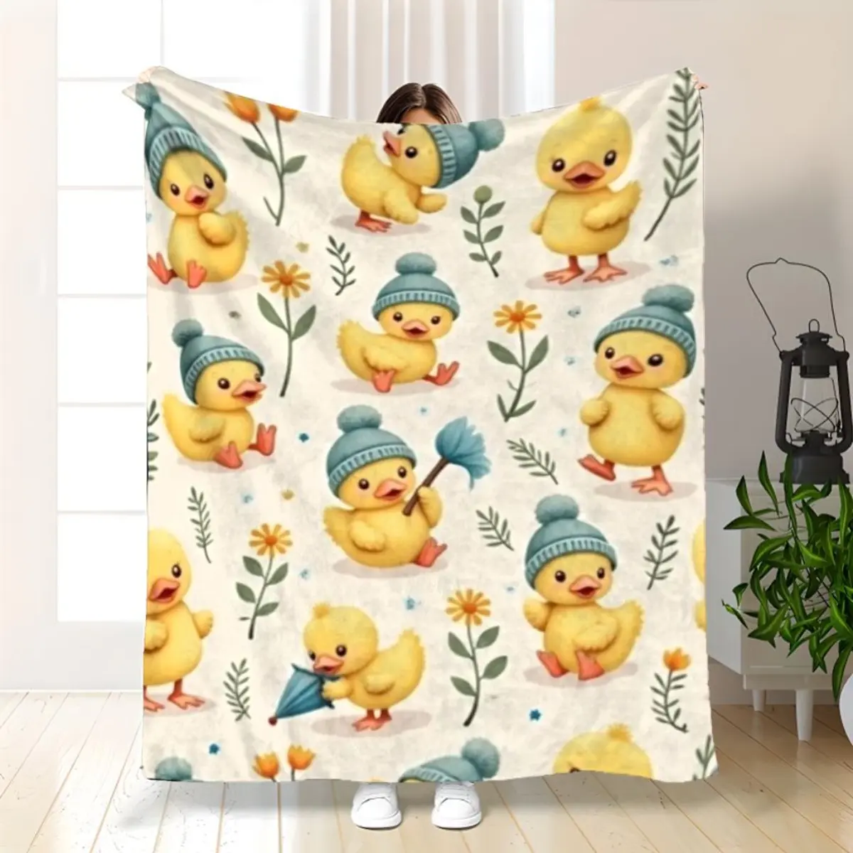 1pc Cute Duckling Blanket Suitable for Bed, Sofa, Travel & Camping - Soft Flannel Bedspread with White Duck Print, Cozy Bedding & Christmas Gift, Machine Washable All-Season Comforter Blanket, Bed Blanket, Valentine's Day, New Year