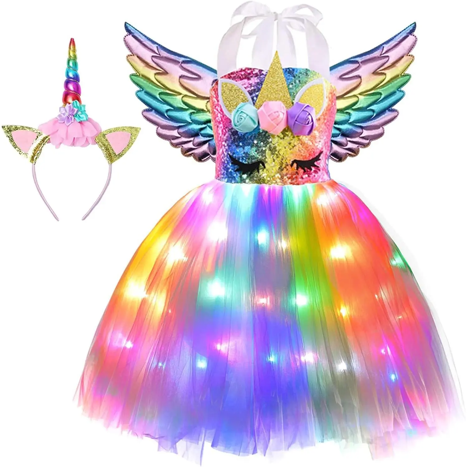 Girls' Unicorn Tutu Dress with LED Lights, 3-Piece Rainbow Costume Set with Headband & Wings, Birthday Party Wear for 3-4 Years, Nylon, Breathable, 1 Unicorn Headband, Fancy, Fashion, 3 X Aaa Batteries