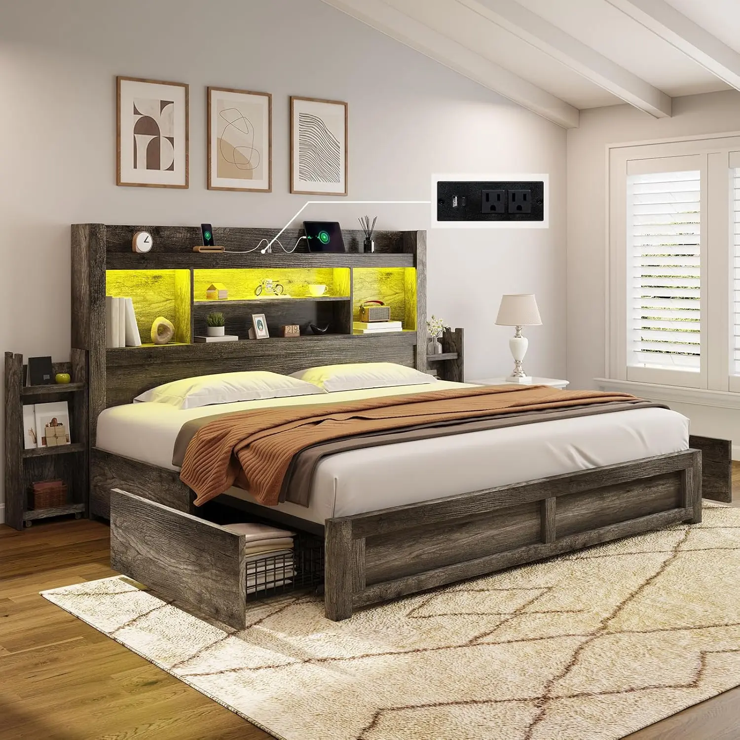 [Ships in 2 Boxes] [SummerWins] [SummerFinds] ALBOTT LED Bed Frame with 49.6"Tall Bookcase Headboard&4 Storage Drawers, Platform Bed with Charging Station&2 Slide Bedside Shelf, Apartment Furniture/Unique Bedroom Furniture/Christmas Gifts