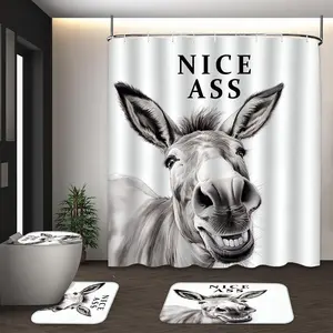 LVRLVR 4pcs Donkey "NICE ASS" Sketch Style Black White Humorous Farmhouse Bathroom Shower Curtain Sets with Shower Curtain, Bath Rugs and Hooks Shower Essentials - 70.8"×70.8" (180×180cm)