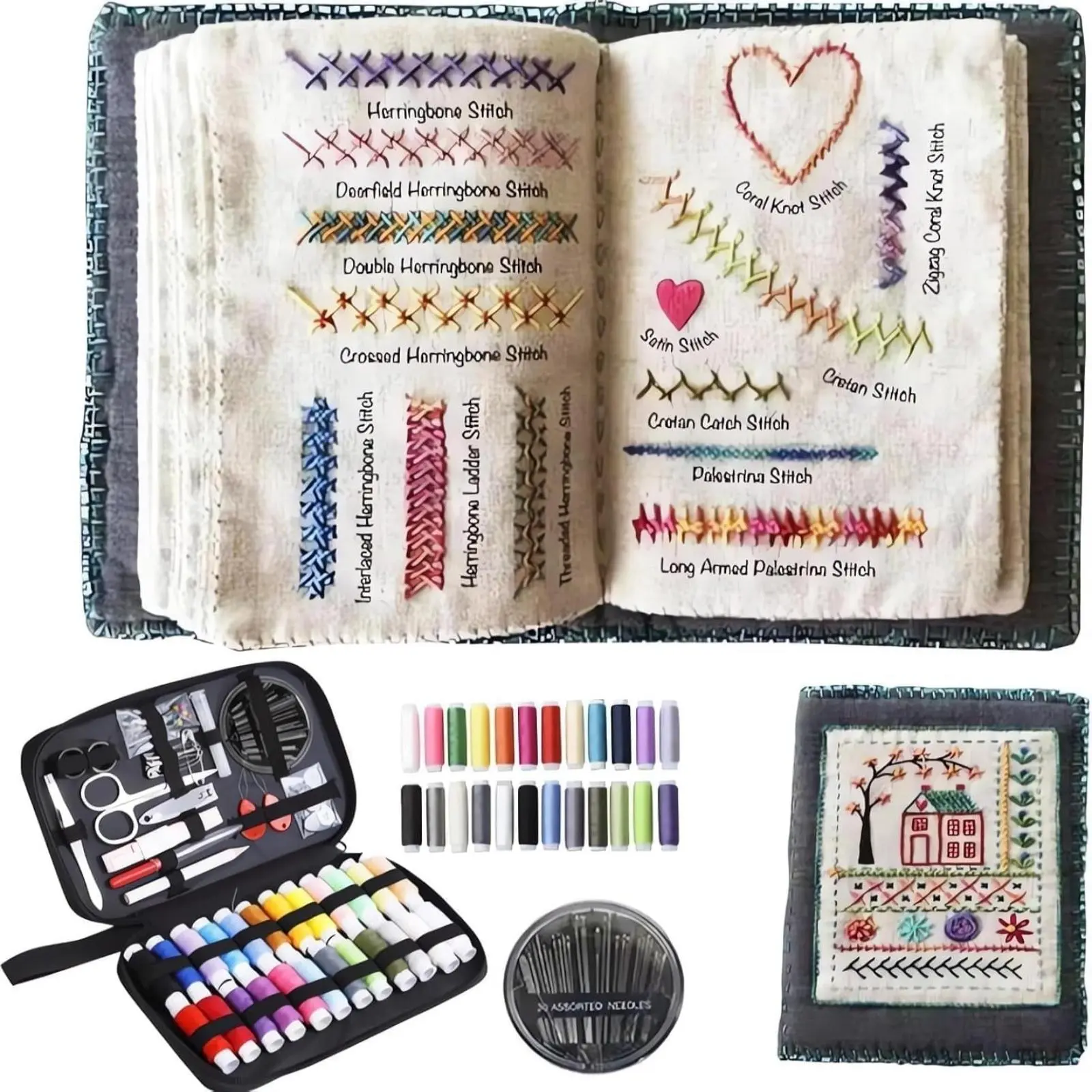 DIY Embroidery Stitch Book Kit, Diy Craft Supplies, Gift for Craft Lovers, Patterns with Tools & Tutorials, 86 PCS Beginner Embroidery Kit, Portable All-in-One Embroidery Book for Adults & DIY Craft Lovers, Embroidery Design