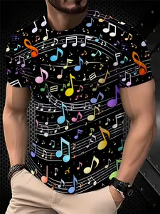 Men's Printed T-Shirt - Black/Gradient Multi-color Trendy Top, Round-neck Short-Sleeved T-shirt, suitable for daily wear, casual gatherings, fashionable gradient style, machine washable, Menswear