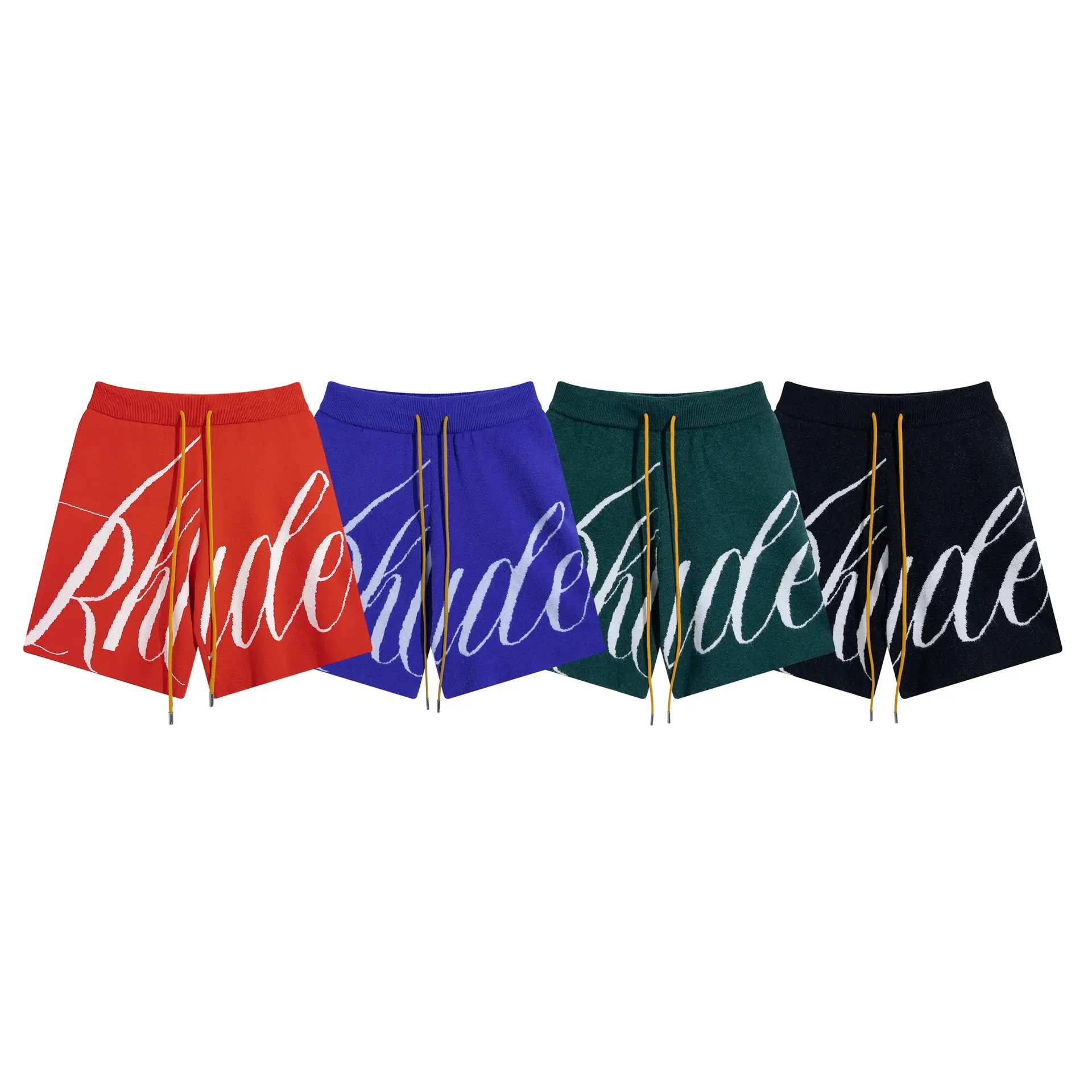 RHUDE Men Women Street Knit Sweat Shorts, Handwriting Jacquard Letter Loose 5 Inch Casual Five-Point Shorts, Drawstring Elastic Waist Sports Short Pants For Summer Daily Streetwear