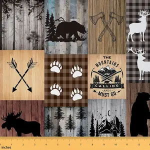 Feelyou Multicolor Plaid Upholstery Fabric - Deer & Bear Lodge Patchwork Textile, Waterproof, Rustic Cabin Outdoor Fabric for DIY Upholstery Projects by the yd