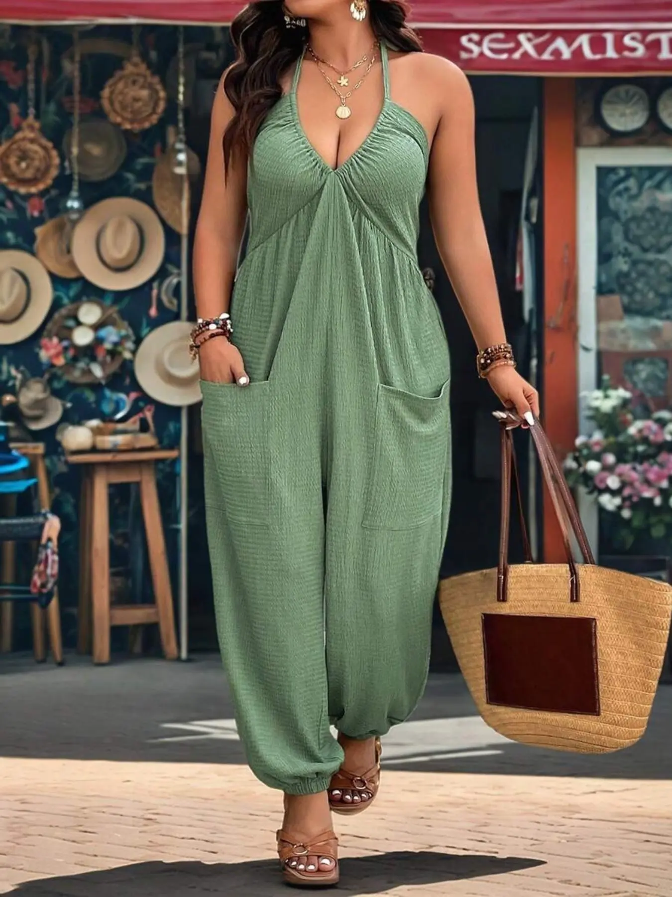 【Plus Size】 Solid Color Pocket Open Back Jumpsuit, Overall Jumpsuits, Overalls Jumpsuit, Casual Sleeveless Jumpsuit for Daily Wear, Women's Plus Clothing for All Seasons