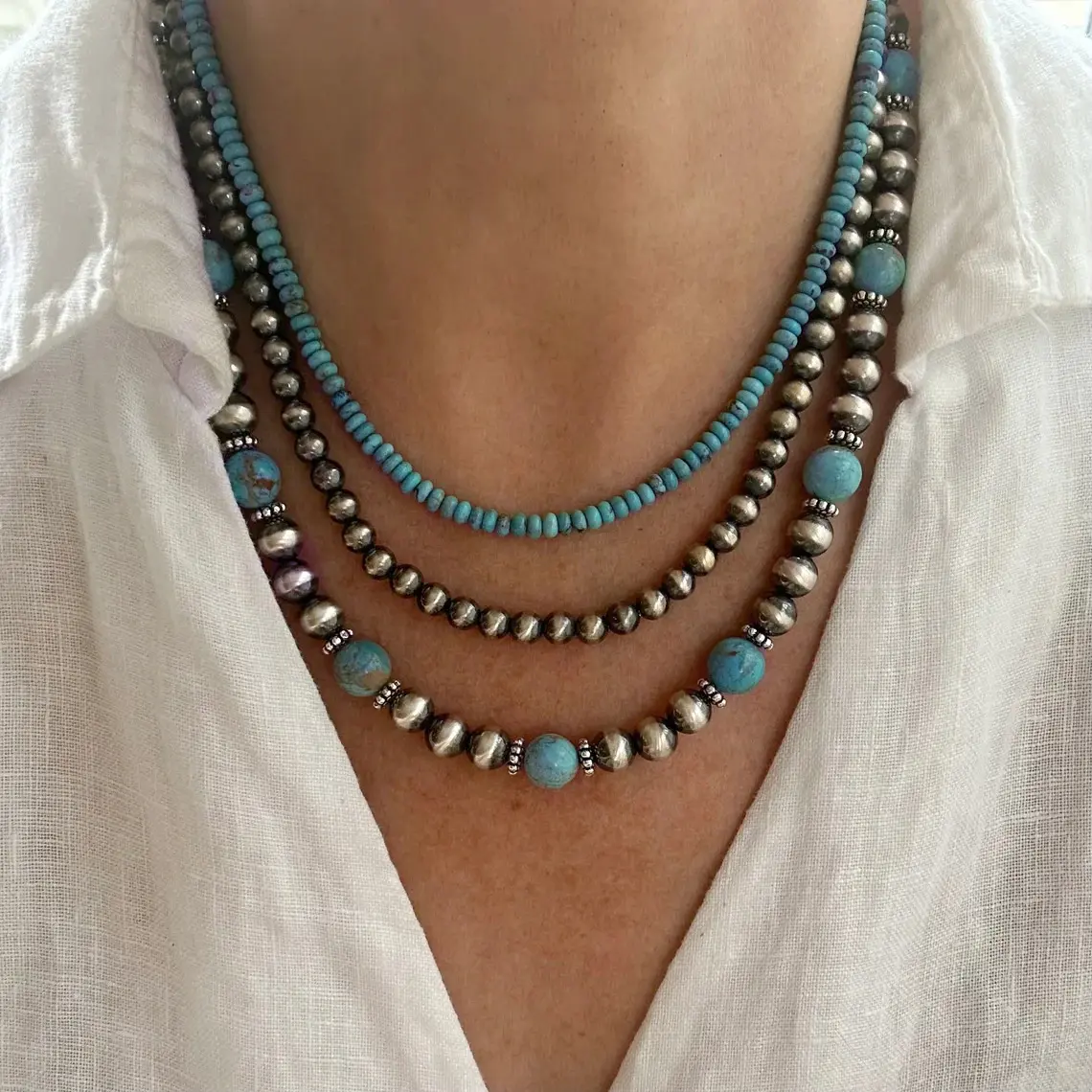 3pcs Vintage Bohemian Turquoise Multi-Layer Necklace Set for Women - Turquoise Beads, Perfect for Daily Wear, Holiday Gifts