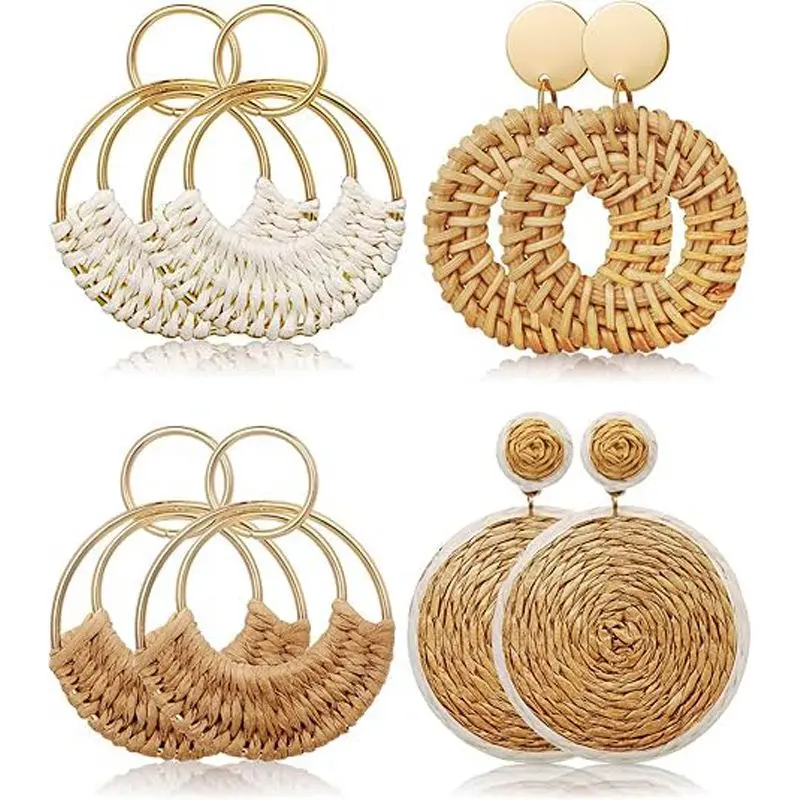 4 Pairs Handmade Raffia Rattan Bohemian Round Drop Dangle Earrings Women, Boho Statement Cute Fun Hoop Earrings Set errings