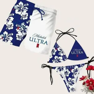Matching Michelob Ultra Floral Swimsuits for Couples – Swim Bra & Tie Side Thong Bikini + Men's Beach Shorts, Summer Vacation Swimsuit, Hawaiian Shirt Style, Aloha Beach Outfit, Casual Holiday Bathing Suits, Menswear & Womenswear
