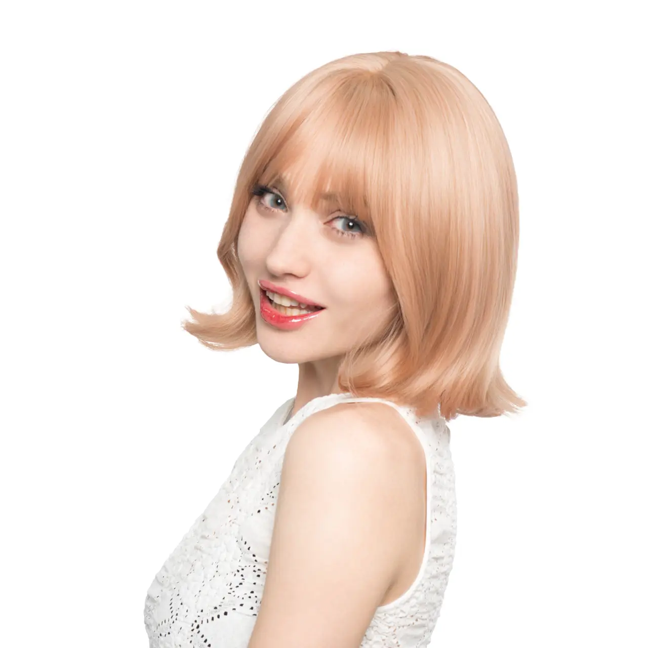 10-Inch Strawberry Peach Smoothie Blonde (Warm Cream Blonde Base, Subtle Red-Pink Tones) Soft Curled Front w/ Flicked Ends Synthetic Wig | 【Heat Resistant】【Cap Included】 | 53FSGC