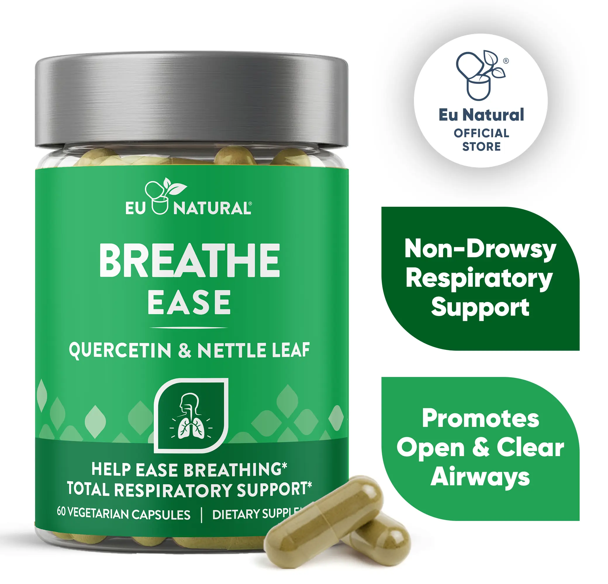 Eu Natural Breathe Ease Quercetin & Nettle Leaf Capsules - 60 Vegetarian Capsules for Total Respiratory, Healthy Breathing & Allergy Support - Clinically Validated Ingredients - 90-Day Satisfaction Guarantee