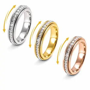 Unisex Titanium Steel Spinner Ring with Cubic Zirconia, Rotatable Anti-Anxiety Fidget Band for Stress Relief, Tarnish-Resistant Kinetic Jewelry, Fidget Ring, Cubic Zirconia Rings