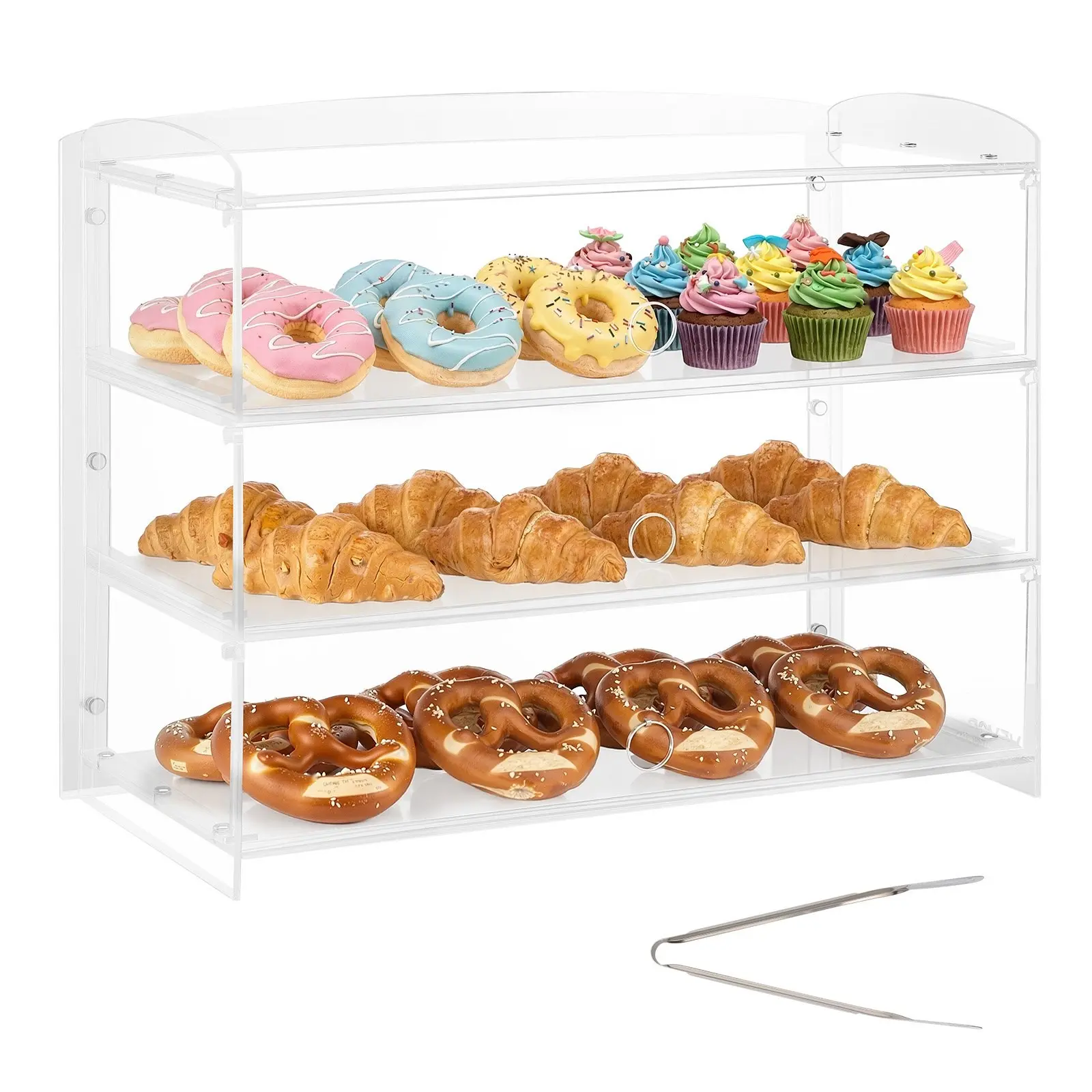 Bakery Display Case, 3-Tier Commercial Countertop Pastry Display Case, Clear Acrylic Bread Box For Kitchen Use, Party Cake Cabinet With Flip-Up Door For Cookies, Desserts, Donuts, Bagels, And More, 19" X 9.1" X 15"