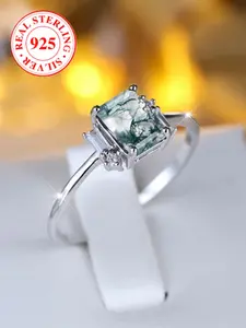 Elegant S925 Silver Rectangle Water Grass Agate Ring, Wedding Bridal Engagement Ring, Women's Evening Party Jewelry, Perfect Gift Choice with Box