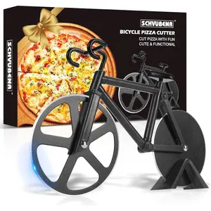 Bicycle Pizza Cutter Wheel Stainless Steel Pizza Slicer, Funny Kitchen Gadget Gifts for Cyclists Men Dad Bike Lovers for Father's Day Christmas Birthday (Black)