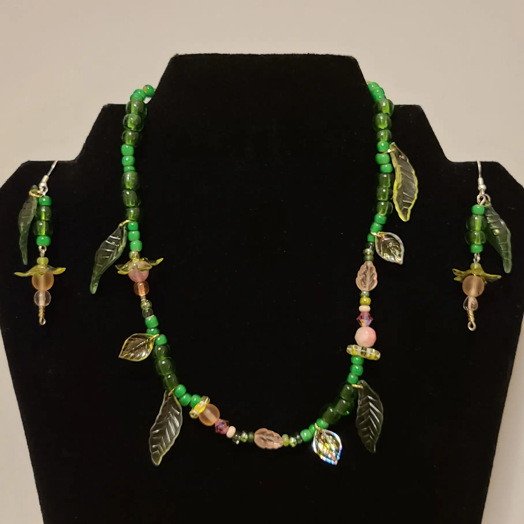 Garden FairyCore Style Beaded Necklace and Earring Set Handmade with Green Beads and Leaf Charms
