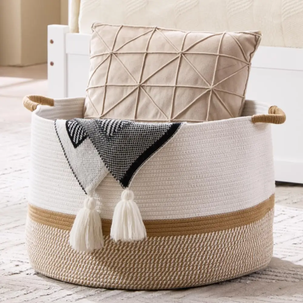 Woven cotton rope large storage basket, 20 in x 13 in, 85L, decorative nursery basket for room organization, suitable for pillows, blankets, and doll storage. Foldable Stair storage basket  with Handles.