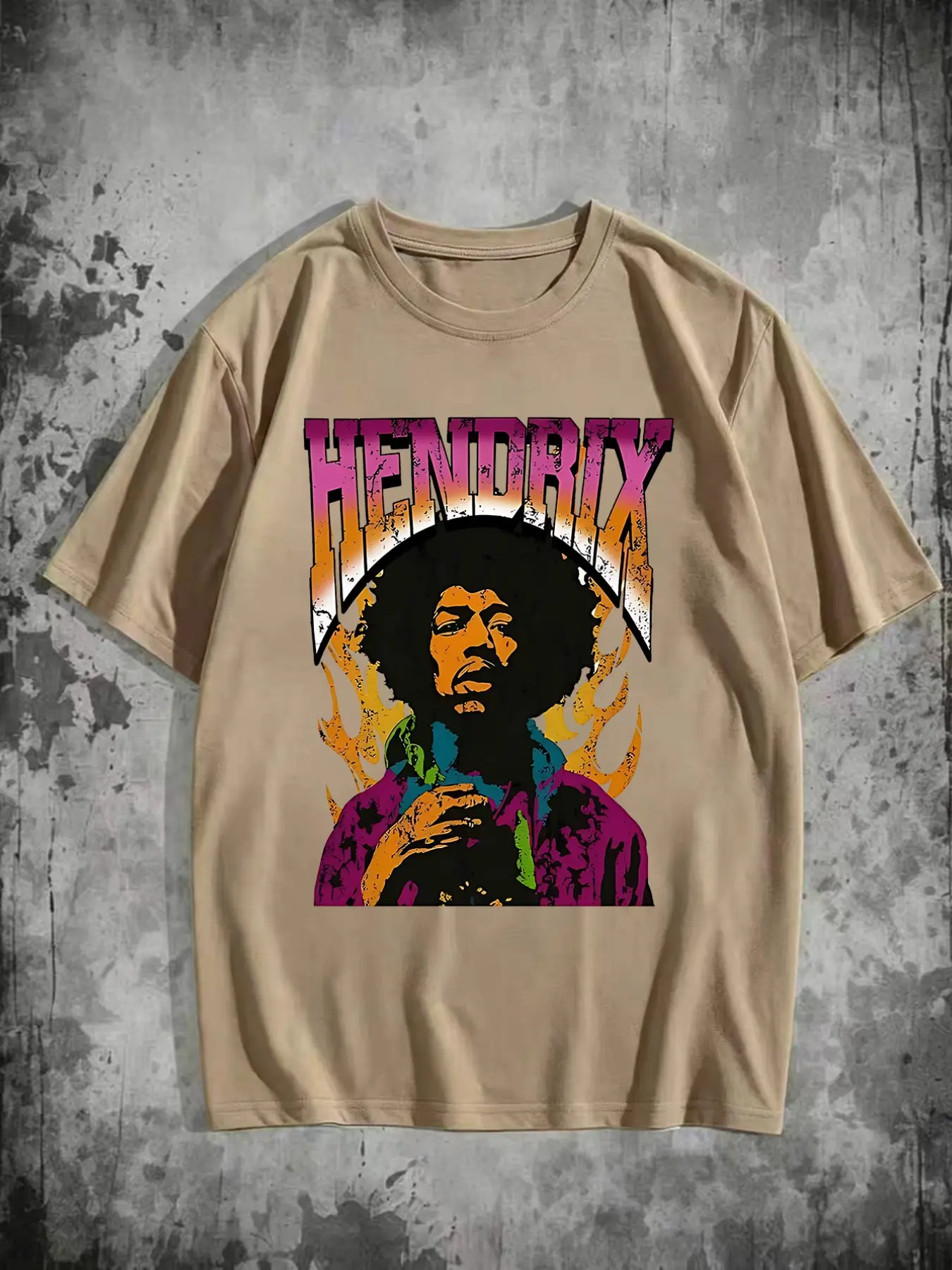 American Vintage Rock Style Jimi Hendrix Portrait T-Shirt, Colorful Flame Letters, Casual Loose-Fit Short Sleeve Top, Trendy Fashion