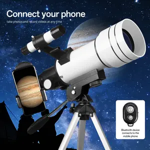 High-definition zoom telescope with a 70mm aperture, 400mm focal length, and 200x magnification. Includes two eyepieces, two boresighting lenses, a finder scope, a lunar filter, and a smartphone mount. Ideal for outdoor nature observation.