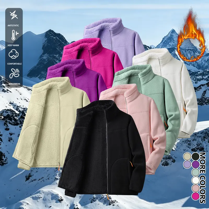 Women’s winter double-sided fleece jacket, 1 piece, with zippered pockets—stylish and comfortable coral fleece jacket