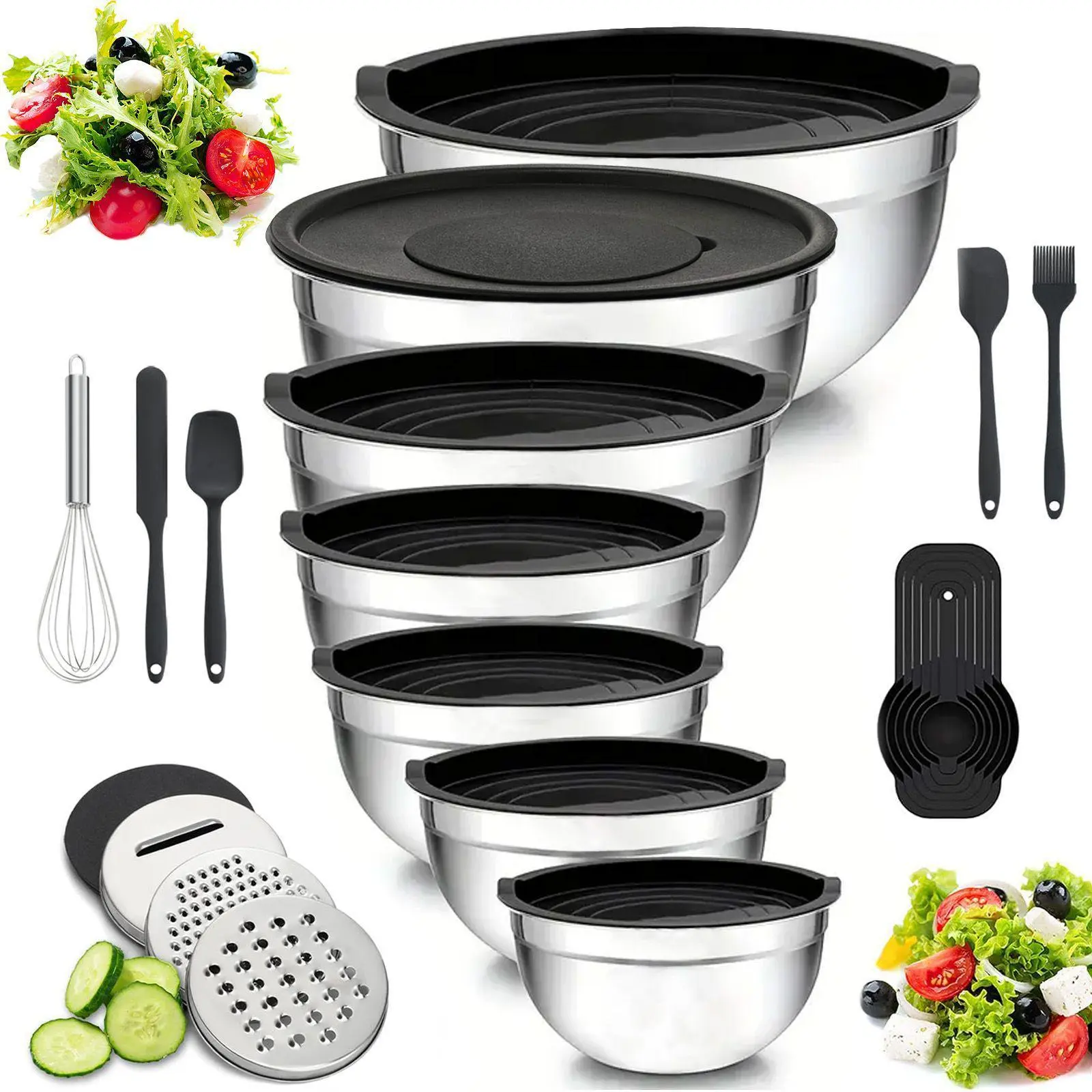 23PCS All-in-1 Kitchen Prep Bakeware Kit | Stainless Steel Mixing Bowls with Lids, Graters, Whisk, Baking Utensils Set