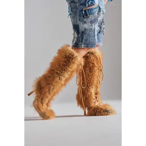 AZALEA WANG LOURDANNE TAN FUR LACE UP STILETTO BOOT