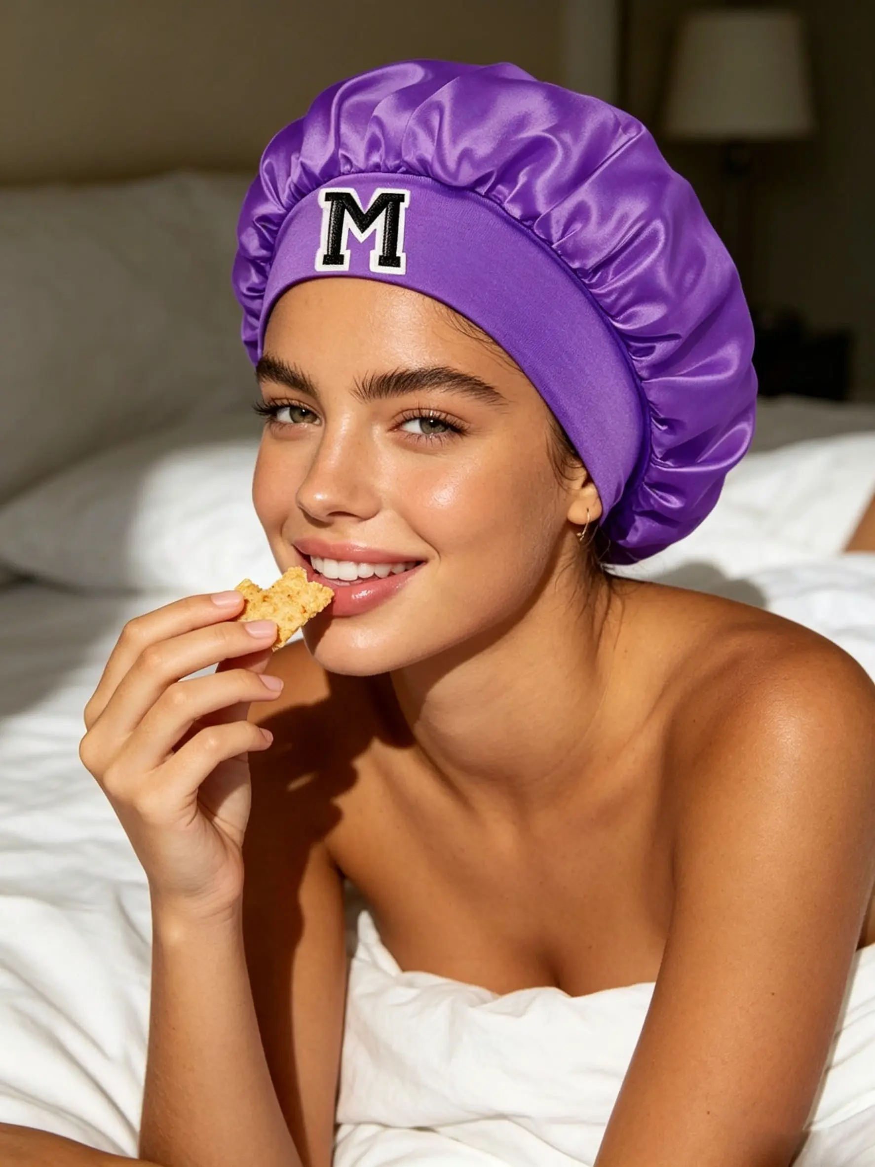 1PC Custom Letter Print Satin Wide Brim Elastic Sleep Cap, Soft Satin Lining, Hair Care Hat for Curly and Straight Hair, Bonnets for Sleeping, All Seasons