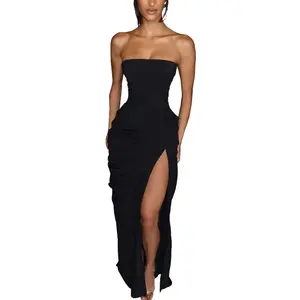 2026 New Solid Color Off-the-Shoulder Bandeau Split Long Dress, Backless Evening Gown for Party & Banquet