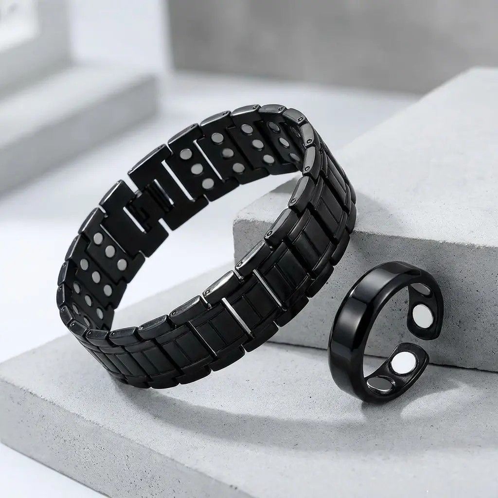 Men's Black Stainless Steel Magnetic Therapy Bracelet - Adjustable Chain Clasp, Built-In Magnets, Geometric Pattern, Steel Strength Health Care Costume Jewelry Gift for Him, Magnetic Touch