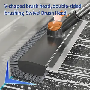 360° Swivel V-Shape Floor Scrub Brush with Squeegee, 2-in-1 Cleaning Brush for Bathroom & Kitchen