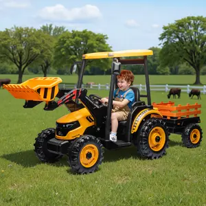 AMERLIFE 24V Ride on Tractor for Kids with Trailer & Front Loader, 3-in-1 Electric Construction Vehicle, Dual Motors, All-Terrain Wheels, LED Lights, Outdoor Gift for Boys Girls Ages 3-8