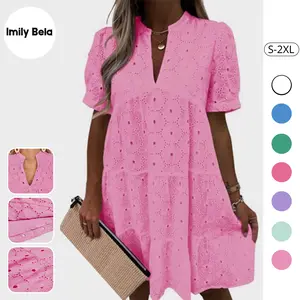 Imily Bela Womens Summer Lace Dresses Eyelet Casual Flowy Babydoll Swing Short Sleeve V Neck Tunic Dress