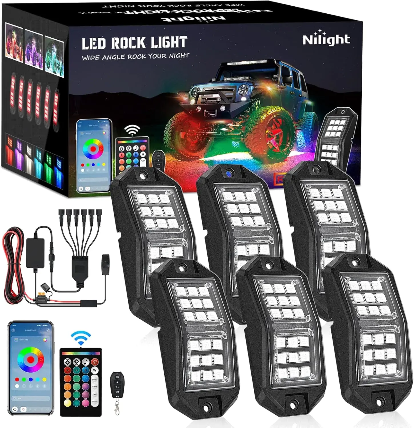 Nilight Multifunctional Car LED Rock Lights Kit - 6 PCS 18LED Wide-Angle Wheel Well Pods, IP67 Waterproof RGB Atmosphere Lights, Remote & Bluetooth App Control, Music Sync, for ATV/UTV Offroad Vehicles, Father's Day Gift, Led Rock Light Light Bars & Work