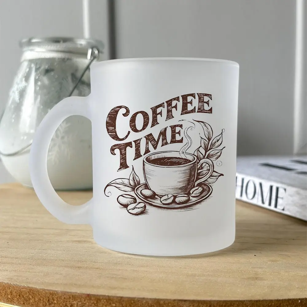 1pc Frosted Glass Mug, Coffee Mug with Coffee Time Text Design, Classic Coffee Mugs