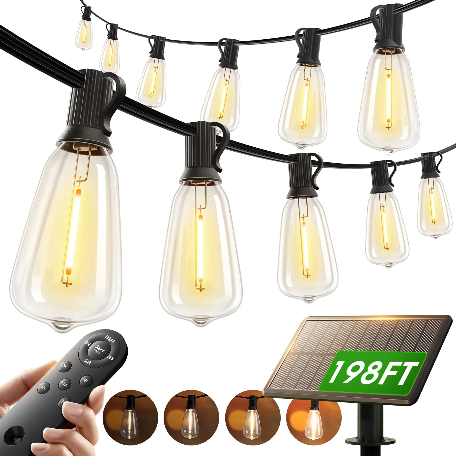 Solar String Lights Waterproof,Patio Lights Solar Powered with Remote & USB Port LED Shatterproof Bulbs 3 Light Modes, Dimmable Solar Light for Camping Backyard Garden