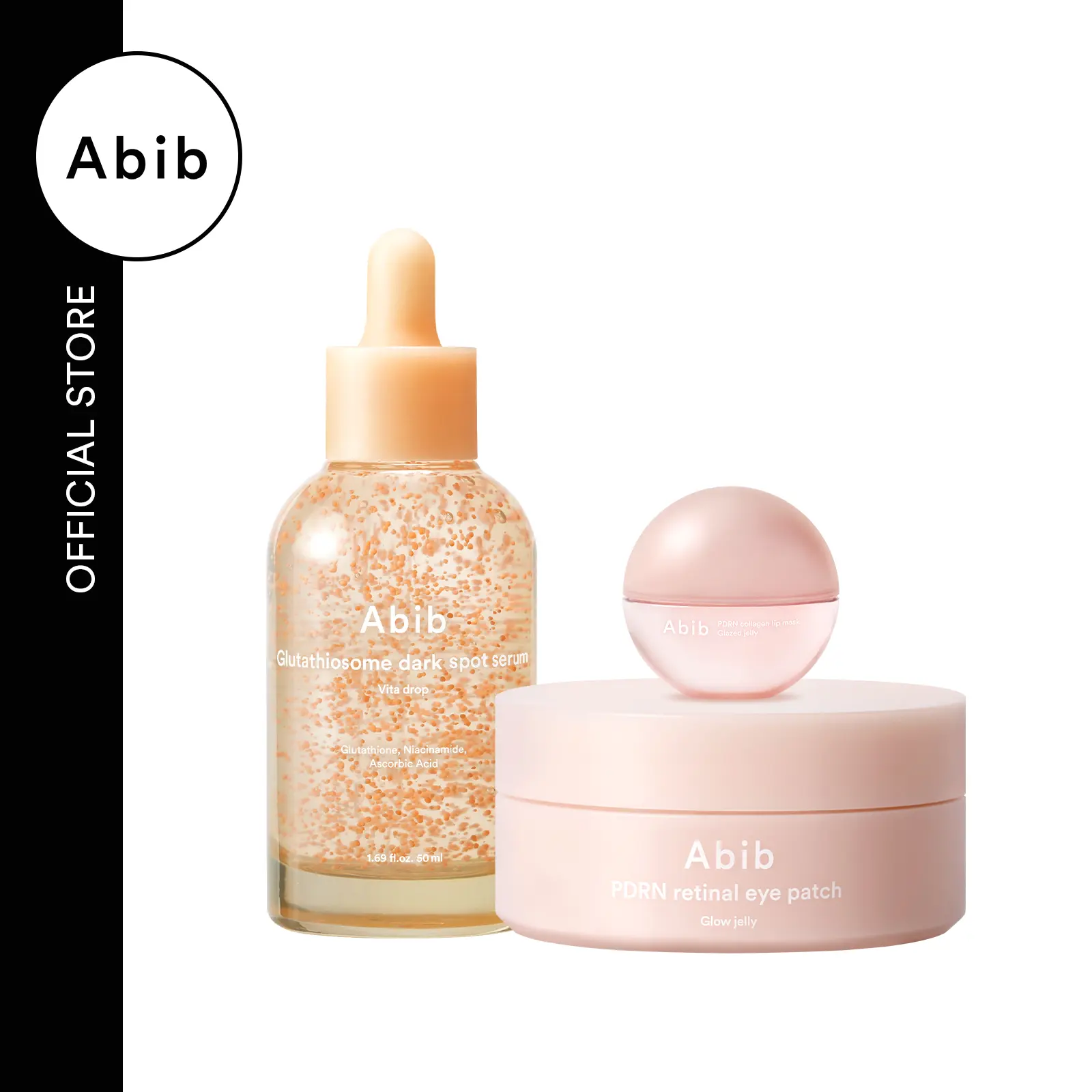 Abib Radiance Glow Trio, Brightening Multi-Pack with Glutathione Dark Spot Serum, PDRN Retinal Eye Patches & Collagen Lip Balm, Radiance Set, All Skin Types, Lactic, Mask, Synthetic, Arginine Eye Treatments