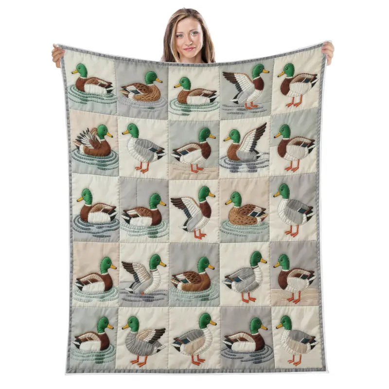 Quilted Flannel Blanket with Mallard Print, Soft, Lightweight & Warm Versatile Throw for Sofa, Bed, Office or Camping, All-Season Gift, Soft Blankets, Warm Bedroom Blanket, Cozy Throw Blanket
